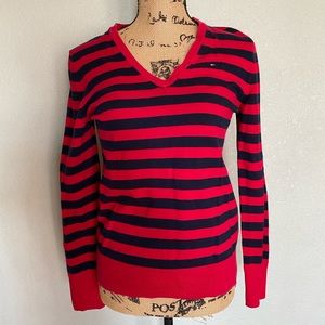 Tommy Hilfiger Womens Medium V-neck Striped Long Sleeve Sweatshirt Pima Cotton